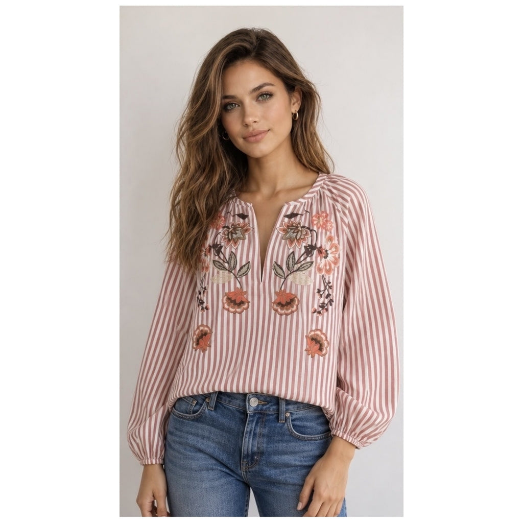 BOHEME SHIRT WITH EMBRODERY & STRIPES – Oransje