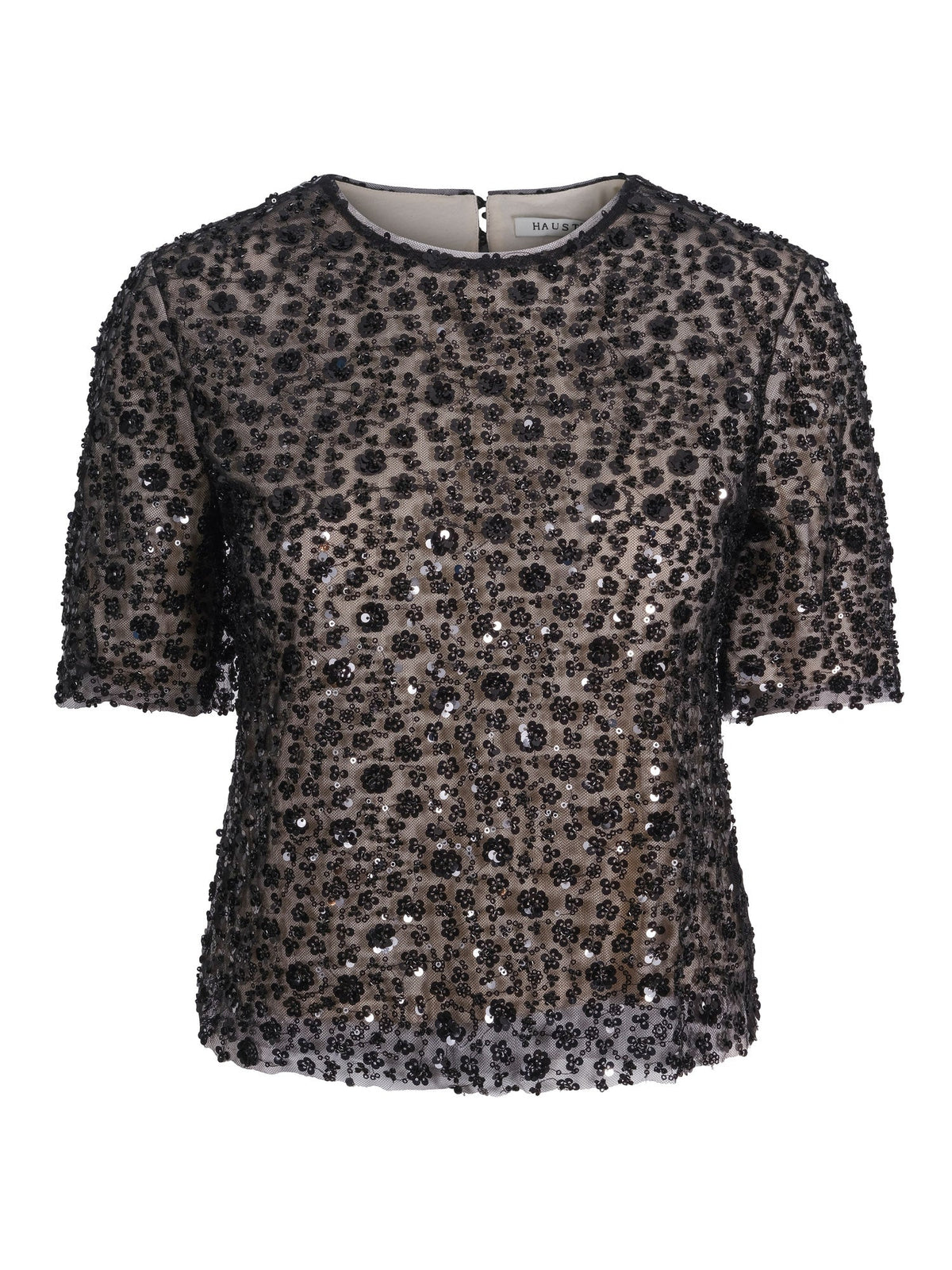 Haust Pearl Party Blouse – sort festtopp med paljetter og korte ermer til dame, sett forfra