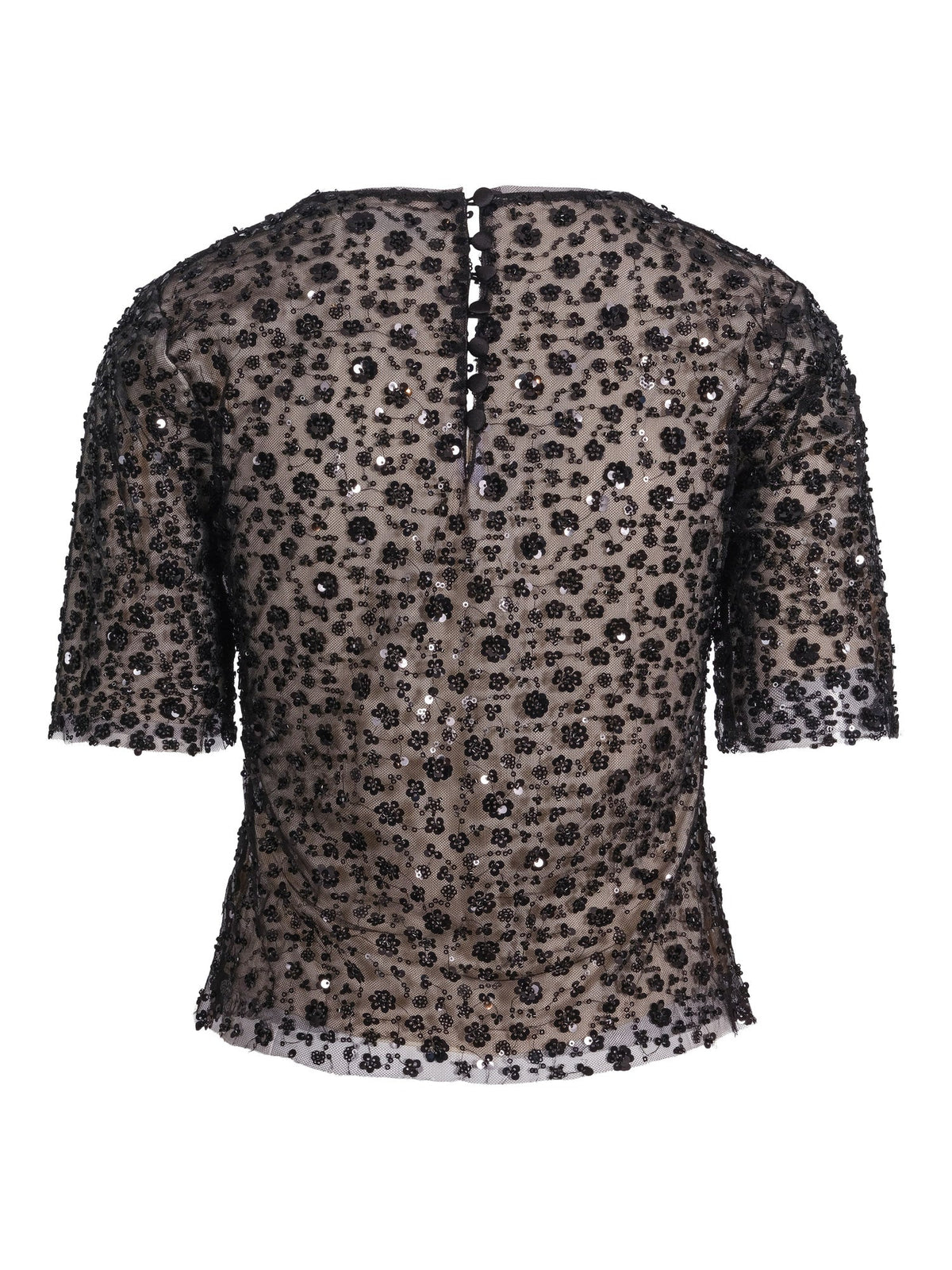 Haust Pearl Party Blouse i sort med paljetter og knapper i nakken, sett bakfra