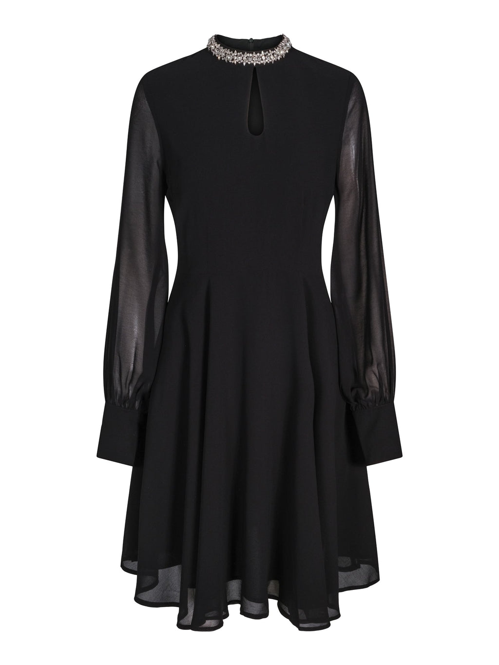 Haust Ribbon Dress, Short – sort festkjole med steindetaljer i halsen og transparente ermer til dame, sett forfra