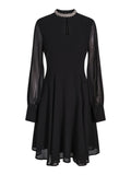 Haust Ribbon Dress, Short – sort festkjole med steindetaljer i halsen og transparente ermer til dame, sett forfra