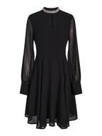 Haust Ribbon Dress, Short – sort festkjole med steindetaljer i halsen og transparente ermer til dame, sett forfra