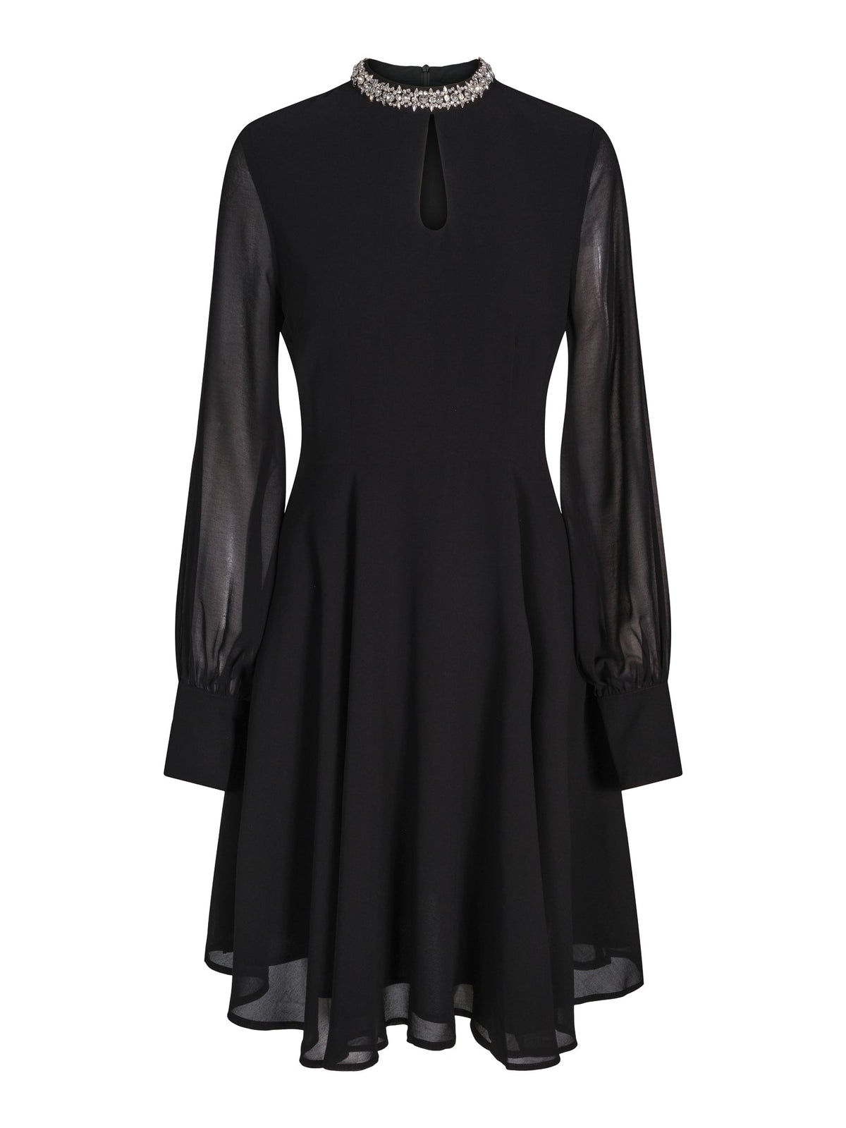 Haust Ribbon Dress, Short – sort festkjole med steindetaljer i halsen og transparente ermer til dame, sett forfra