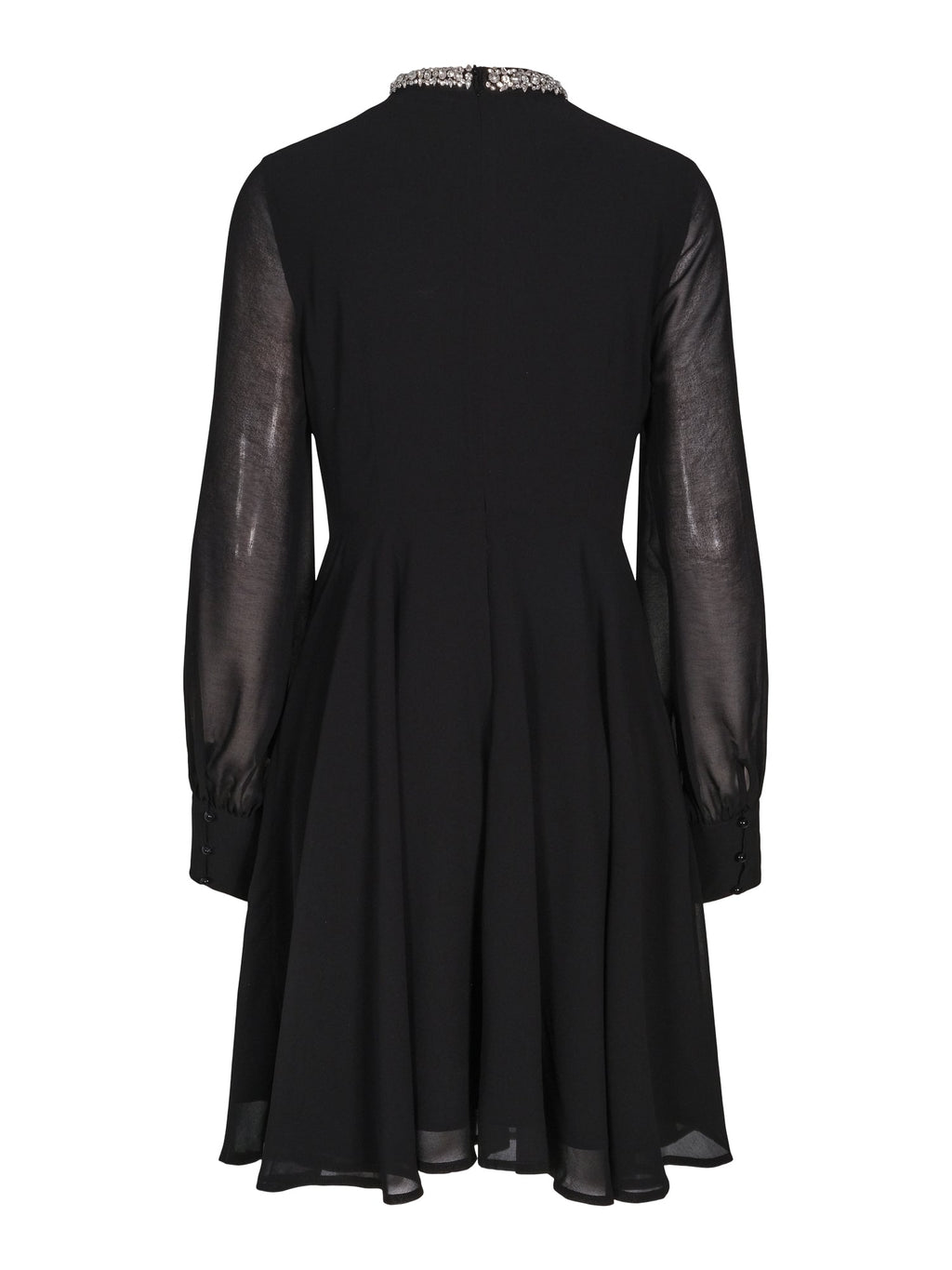 Haust Ribbon Dress, Short i sort med glitrende høy hals og lange transparente ermer, sett bakfra