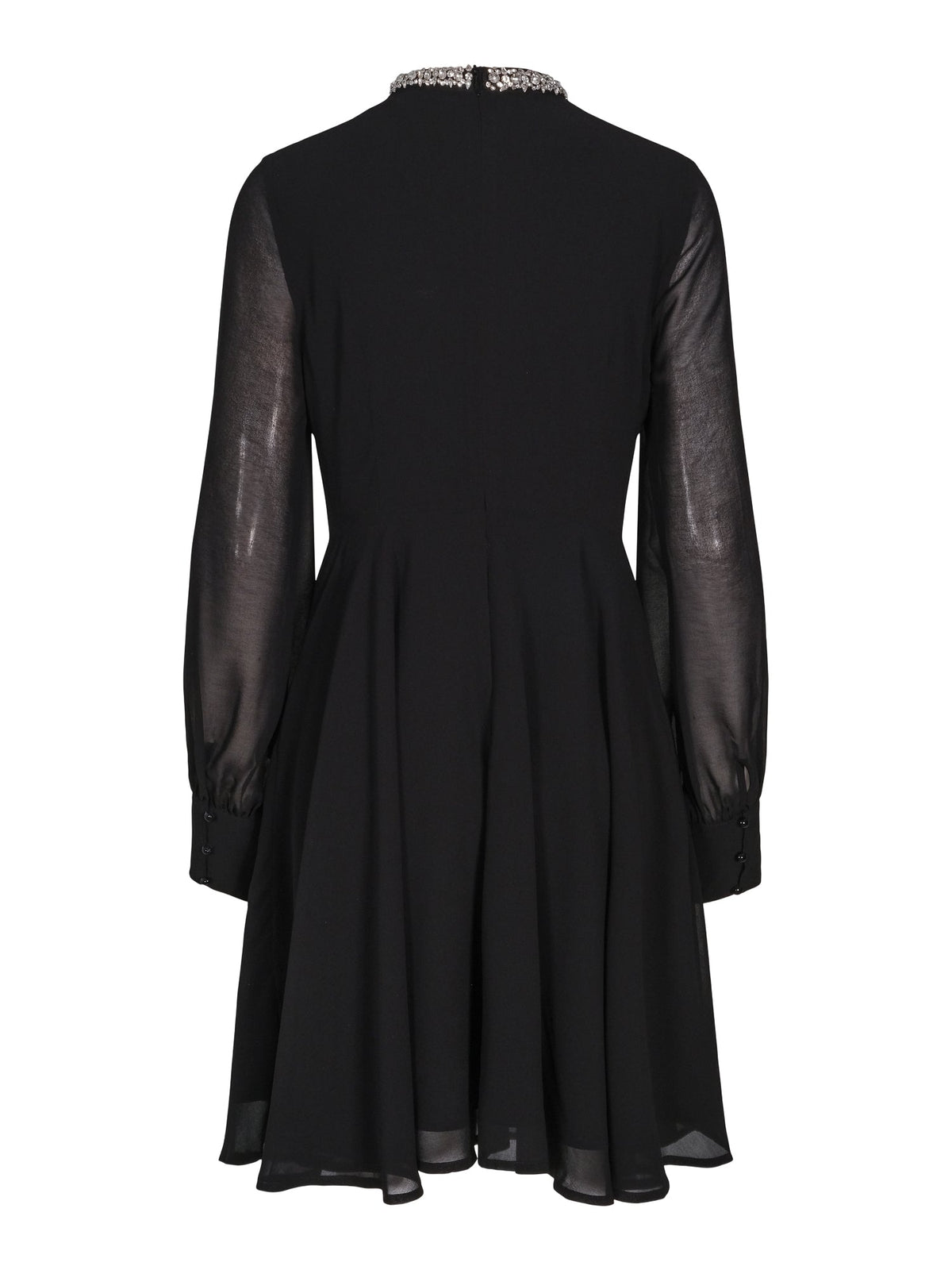 Haust Ribbon Dress, Short i sort med glitrende høy hals og lange transparente ermer, sett bakfra