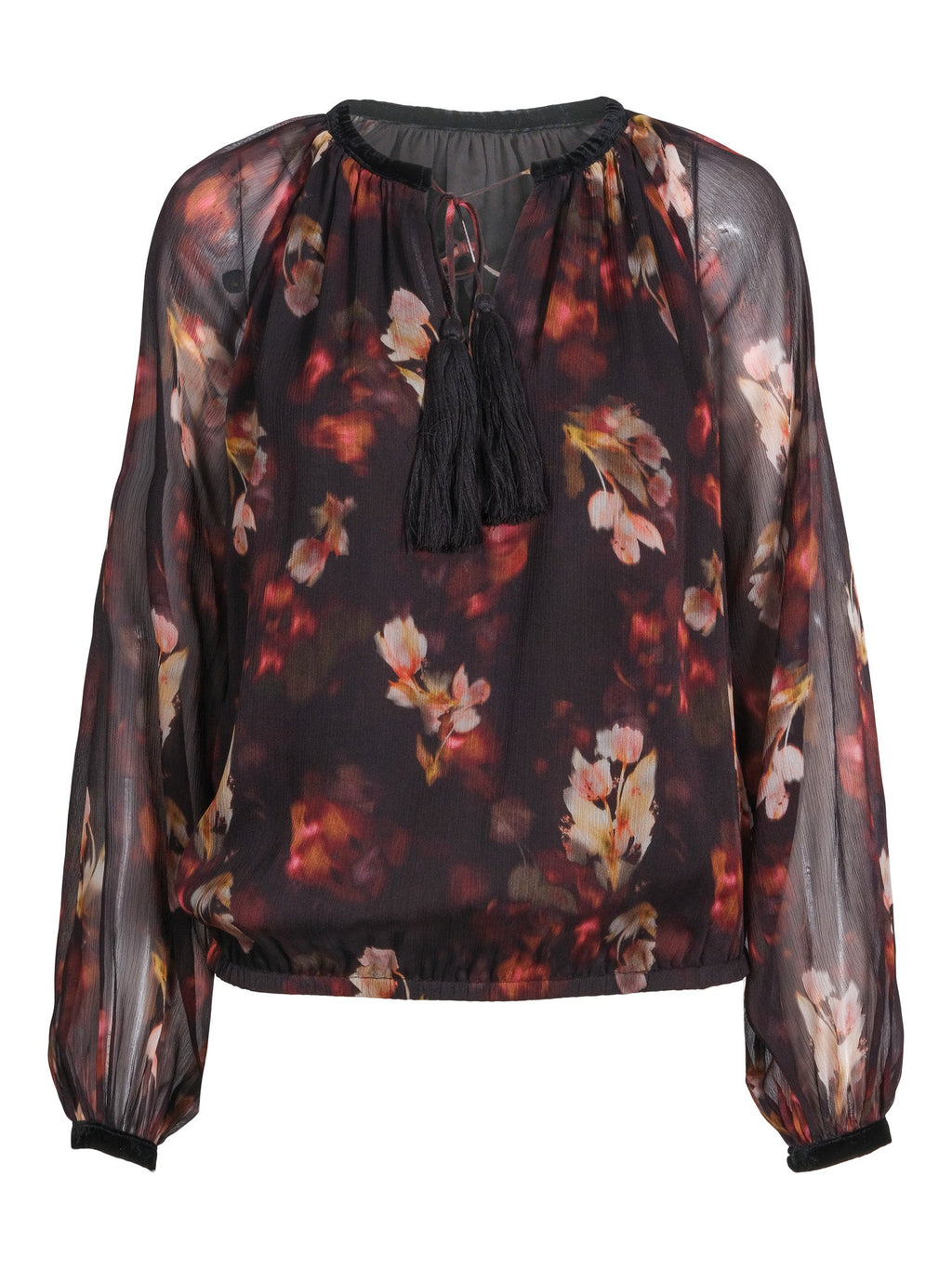 Haust Printed Blouse med blomsterprint i sort, rødt og rosa og knytebånd med dusker til dame, sett forfra