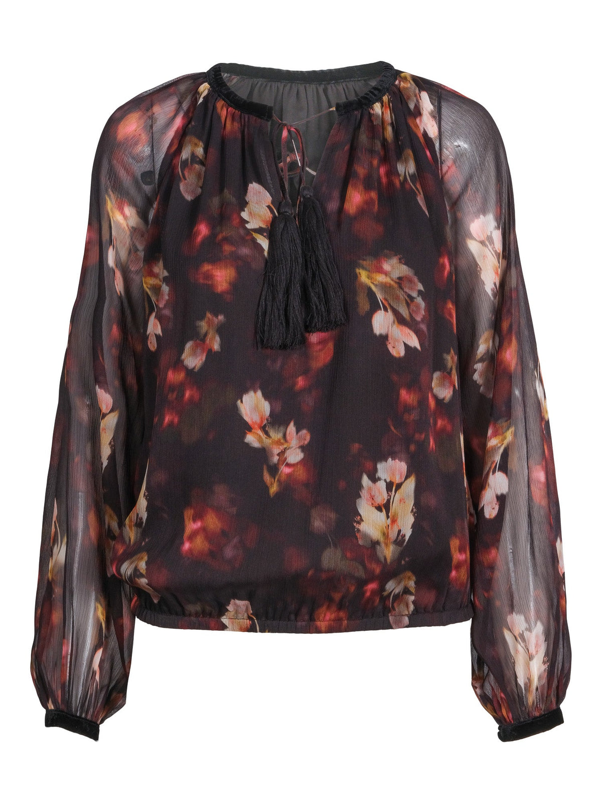 Haust Printed Blouse med blomsterprint i sort, rødt og rosa og knytebånd med dusker til dame, sett forfra
