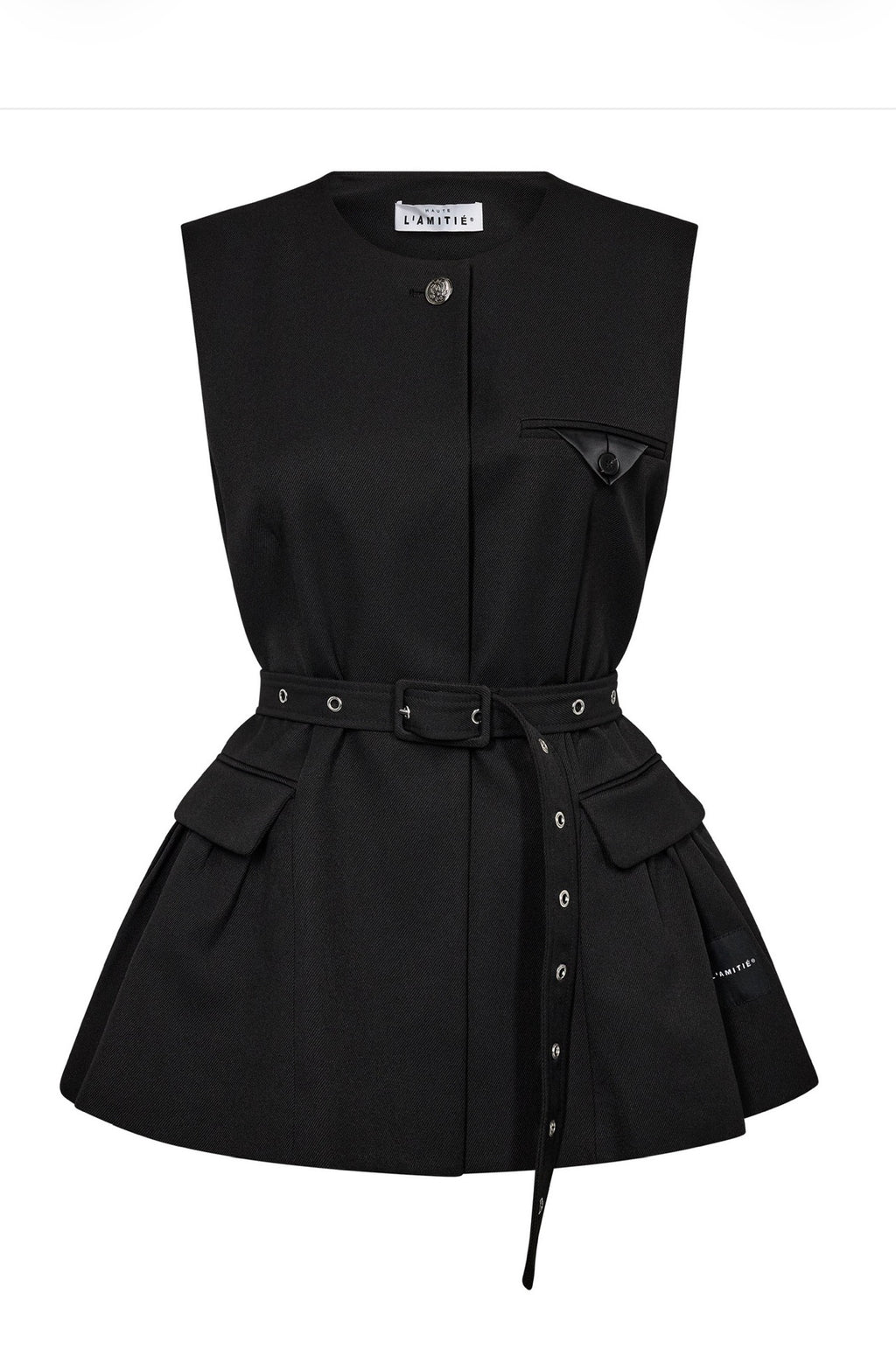 Haute L'Amitie Premiere peplum vest med belte i sort til dame, sett forfra