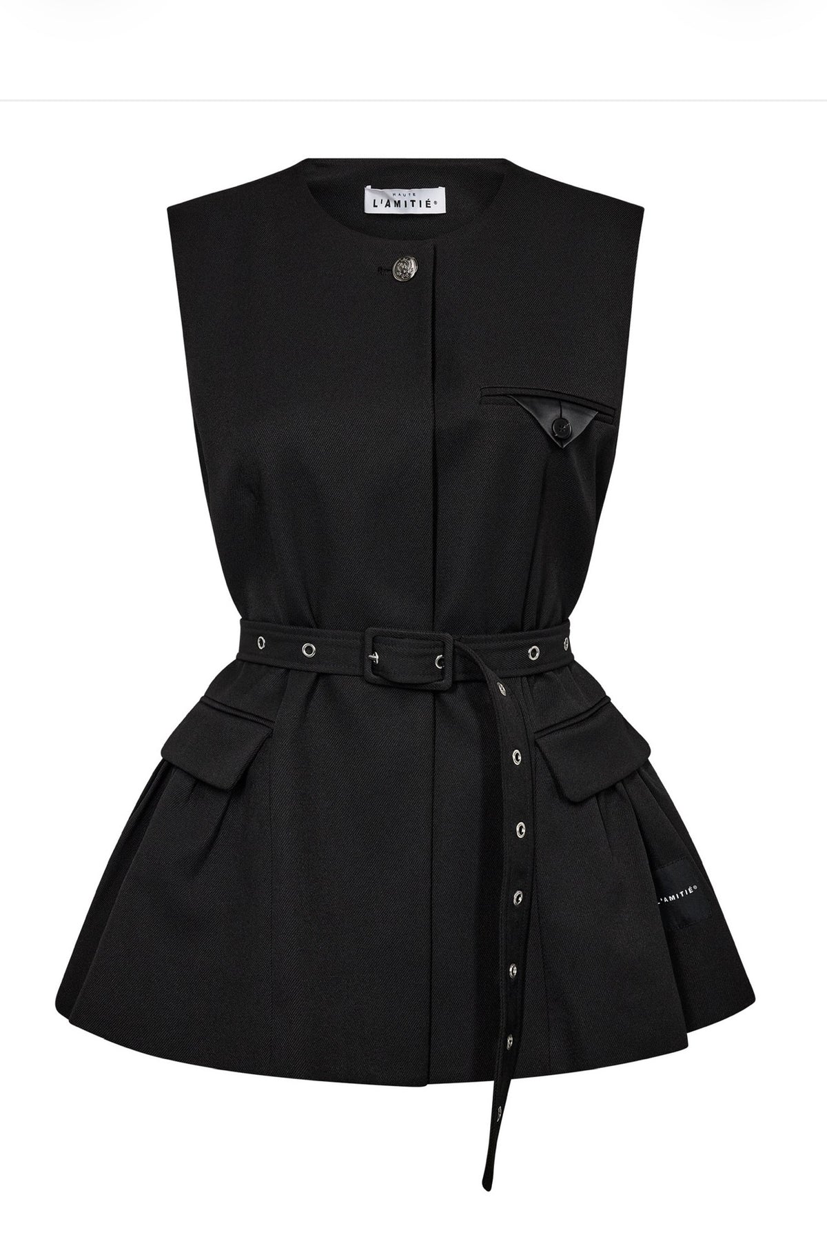 Haute L'Amitie Premiere peplum vest med belte i sort til dame, sett forfra
